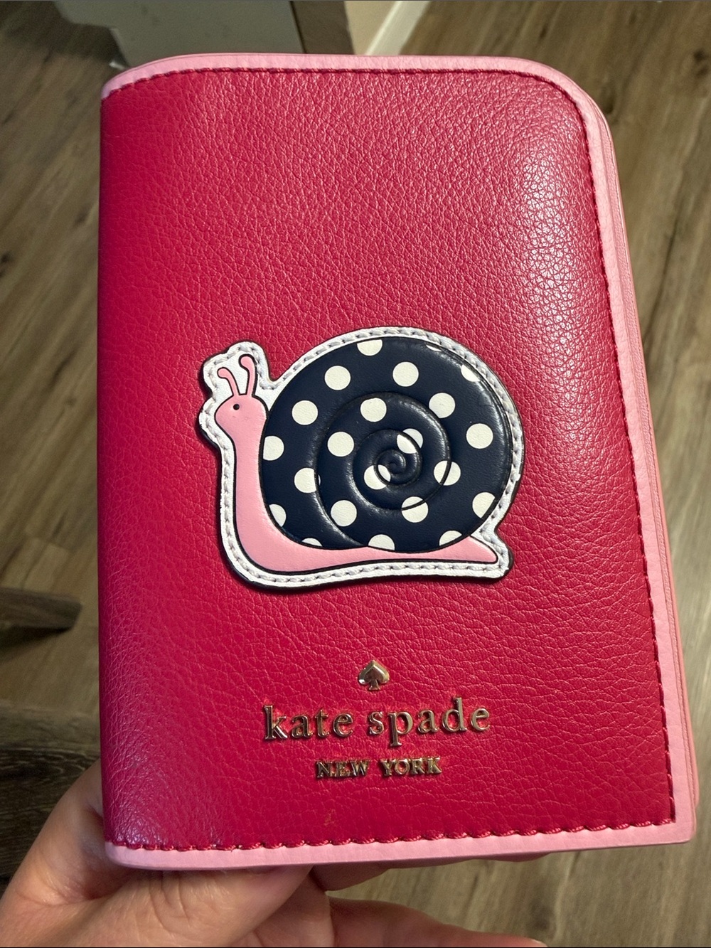 kate spade PASSPORT HOLDER WALLET Navy Polka-Dot Snail Applique